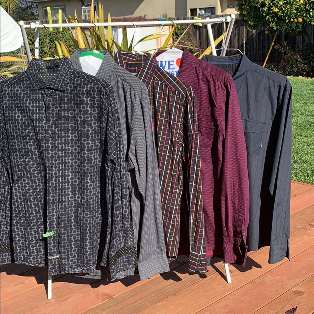 Five long sleeve dress shirts. Size L. Dark tones.